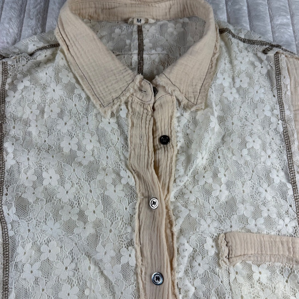 POL Womens Tan Lace Mixed Media Button Down Shirt Oversized Raw Hem M - Picture 8 of 10
